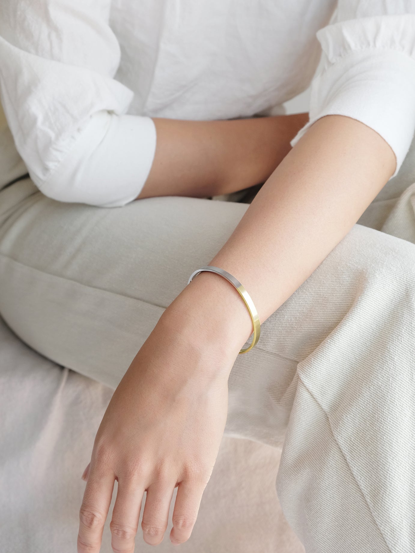 Wearing 2-Tone Minimal Cuff Bracelet | Gold