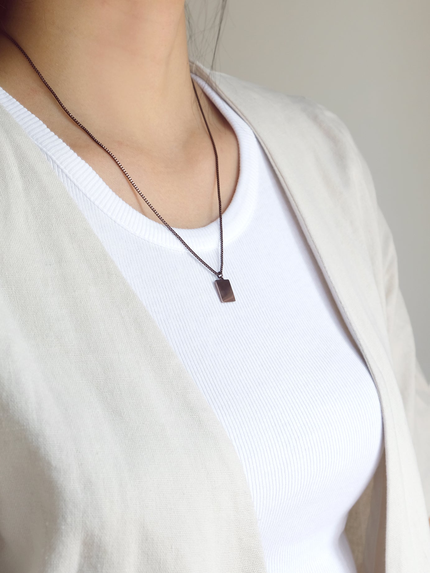 Wearing Rectangle Necklace | Bronze