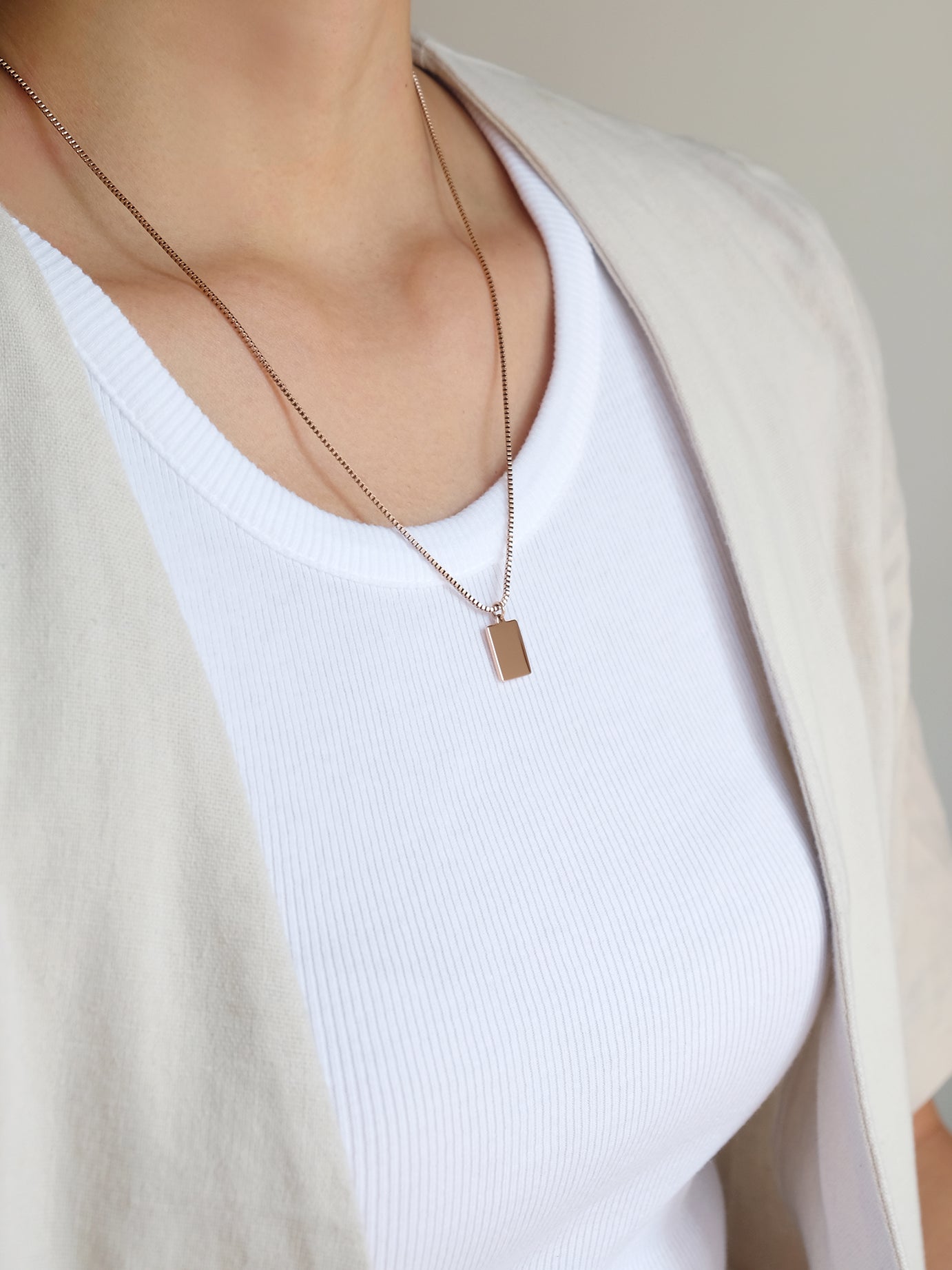Wearing Rectangle Necklace | Rose Gold