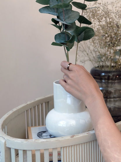 Wearing Dual Texture Ring in bronze – reversible ring with brushed and polished finish, engravable, waterproof and hypoallergenic, perfect for everyday wear