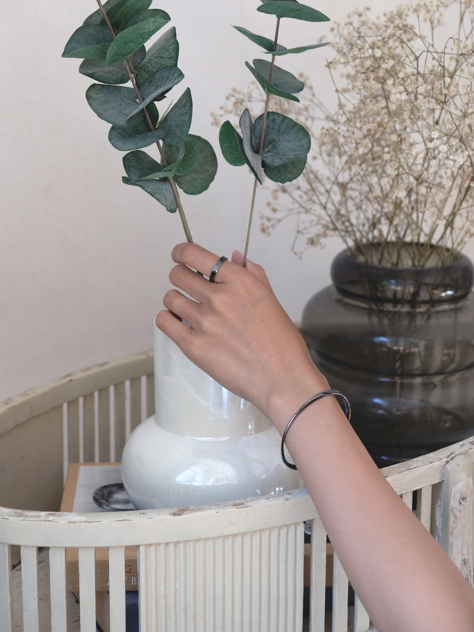 Wearing Dual Texture Ring in grey gunmetal – reversible ring with brushed and polished finish, engravable, waterproof and hypoallergenic, perfect for everyday wear