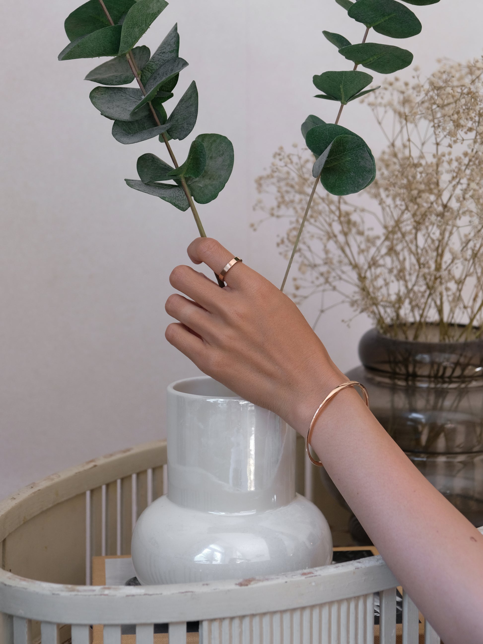 Wearing Dual Texture Ring in gold – reversible ring with brushed and polished finish, engravable, waterproof and hypoallergenic, perfect for everyday wear