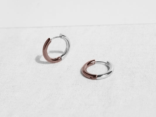 2-Tone Hoop Earrings in bronze and silver – reversible design, engravable, hypoallergenic, perfect for stacking or wearing solo