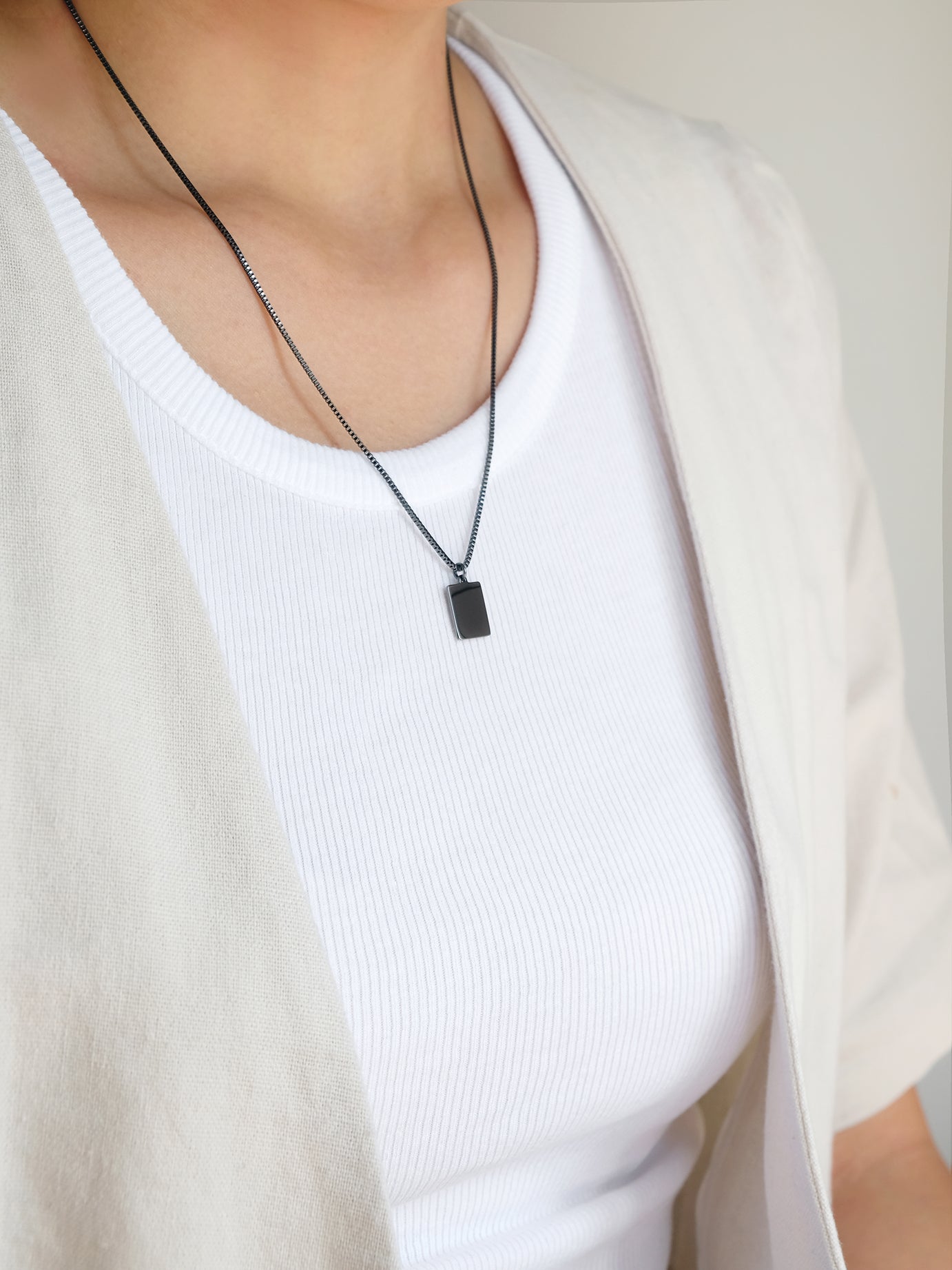 Wearing Rectangle Necklace | Grey